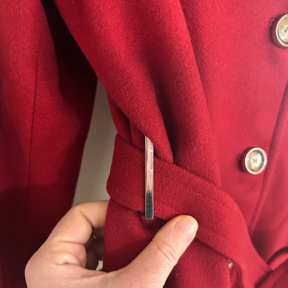 Michael Kors Women Large Red Wool/cashmere Blend Pea Coat Belted Jacket Trench - Picture 5 of 13